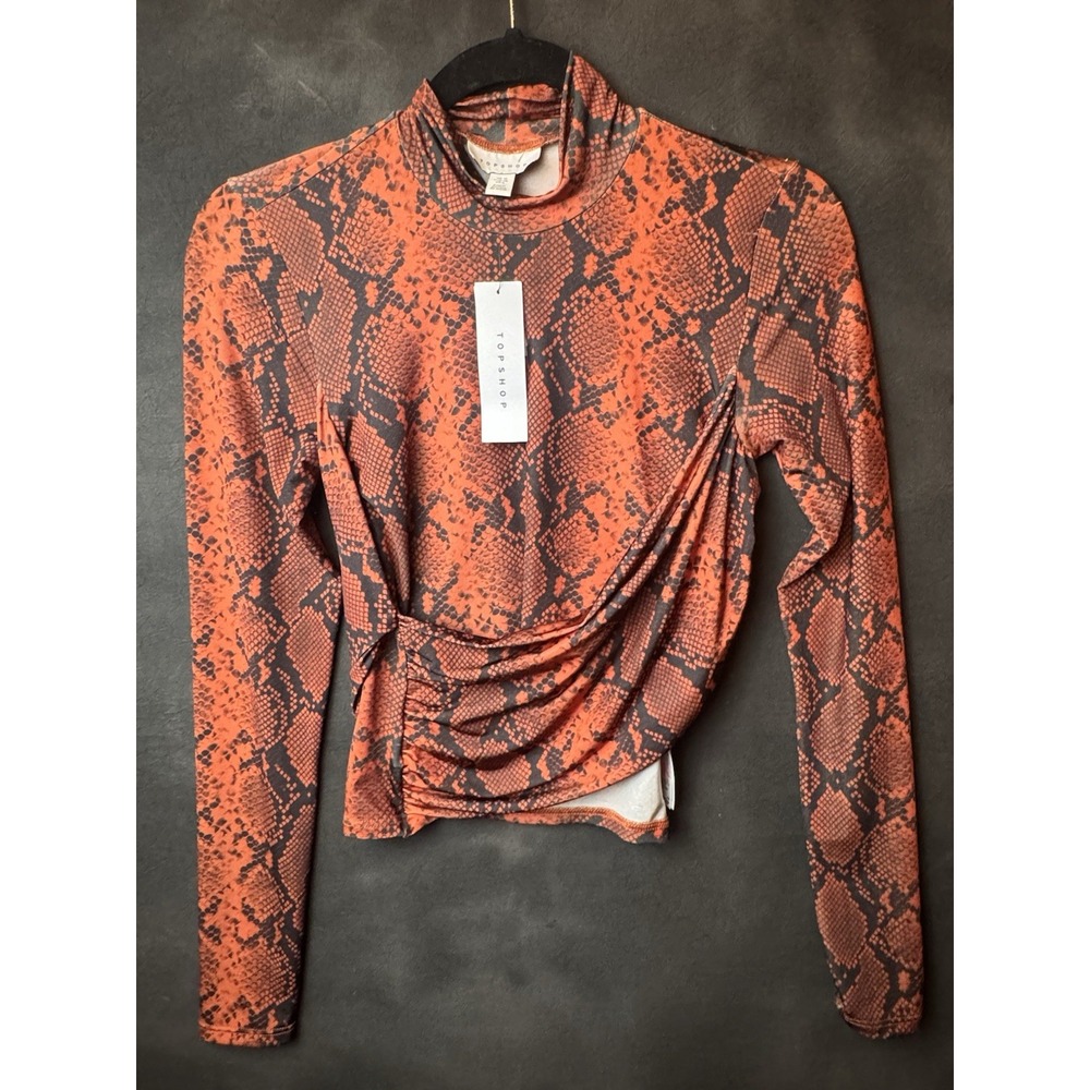 Topshop Snakeskin Print Top NWT Orange Brown Long Sleeve Ruched Mock Neck Size 6